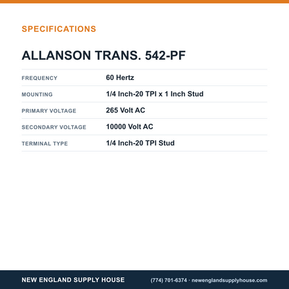 Allanson Transformers 542-PF Gas Transformer specifications — New England Supply House [NESH-SPECTABLE-V1]