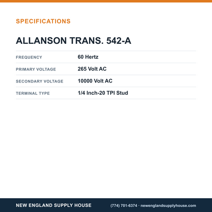 Allanson Transformers 542-A Gas Transformer specifications — New England Supply House [NESH-SPECTABLE-V1]