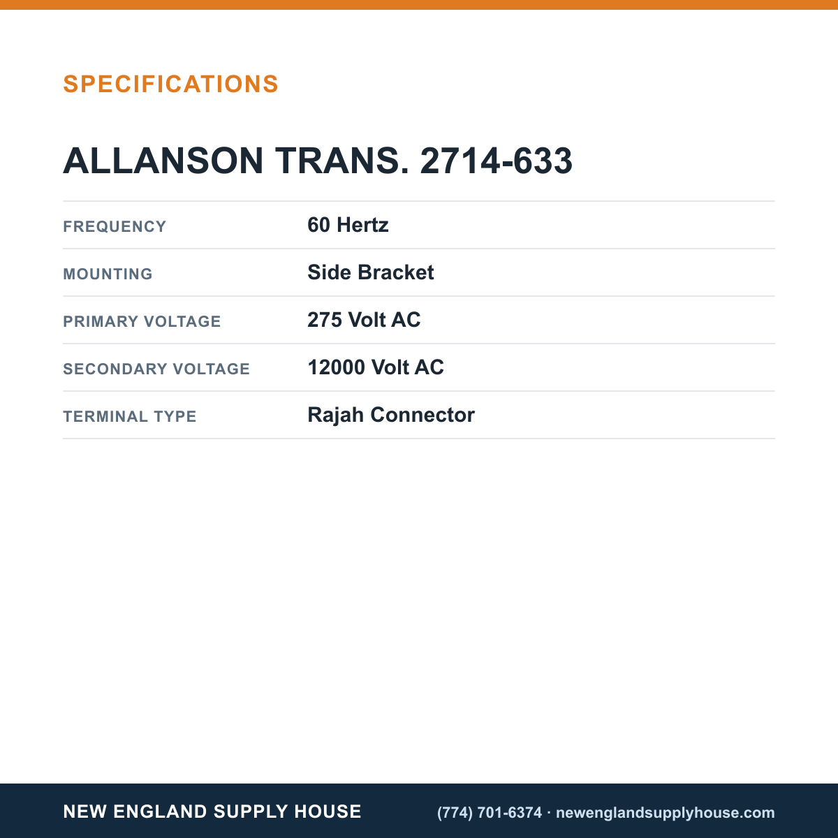 Allanson Transformers 2714-633 Gas Transformer specifications — New England Supply House [NESH-SPECTABLE-V1]