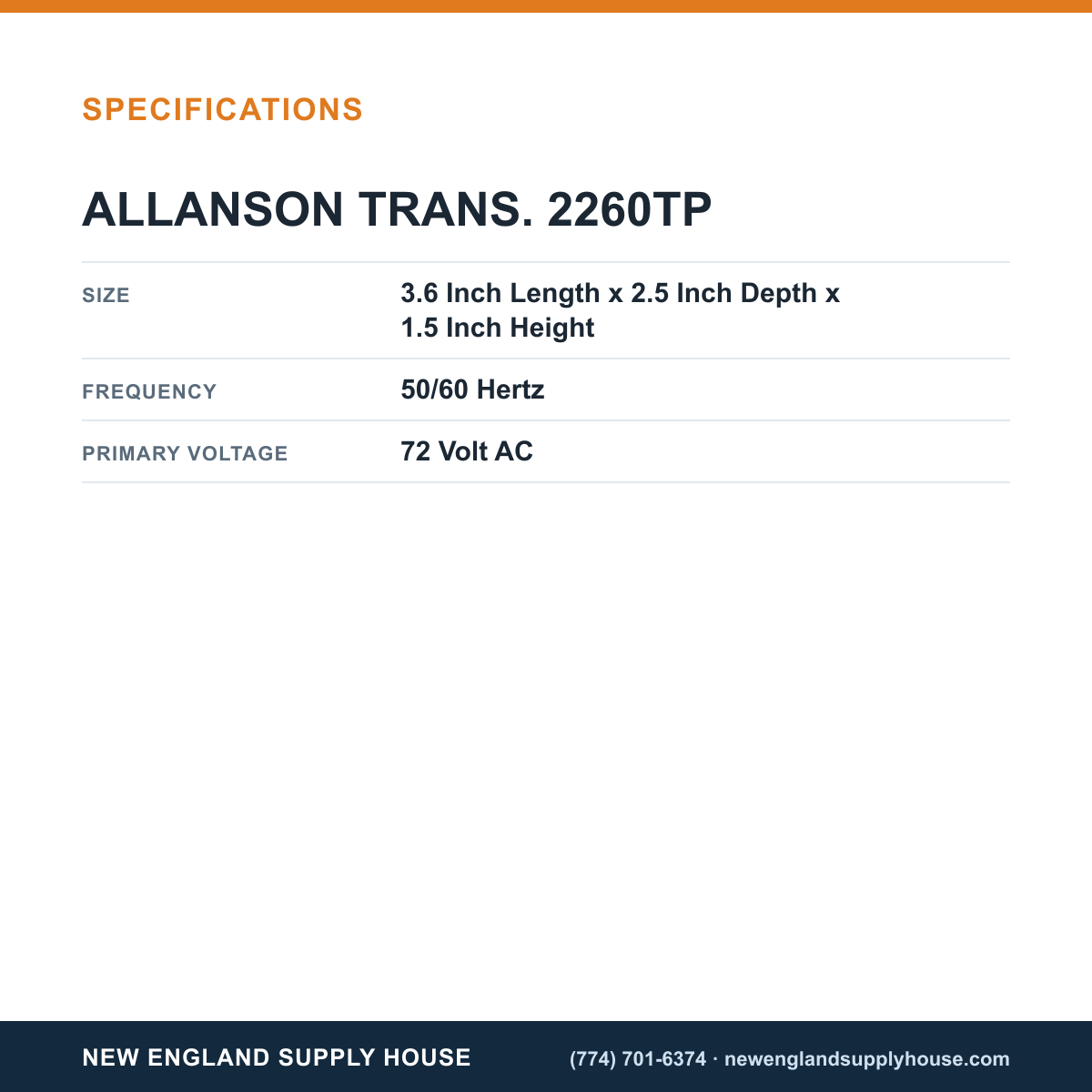Allanson Transformers 2260TP Gas Transformer specifications — New England Supply House [NESH-SPECTABLE-V1]