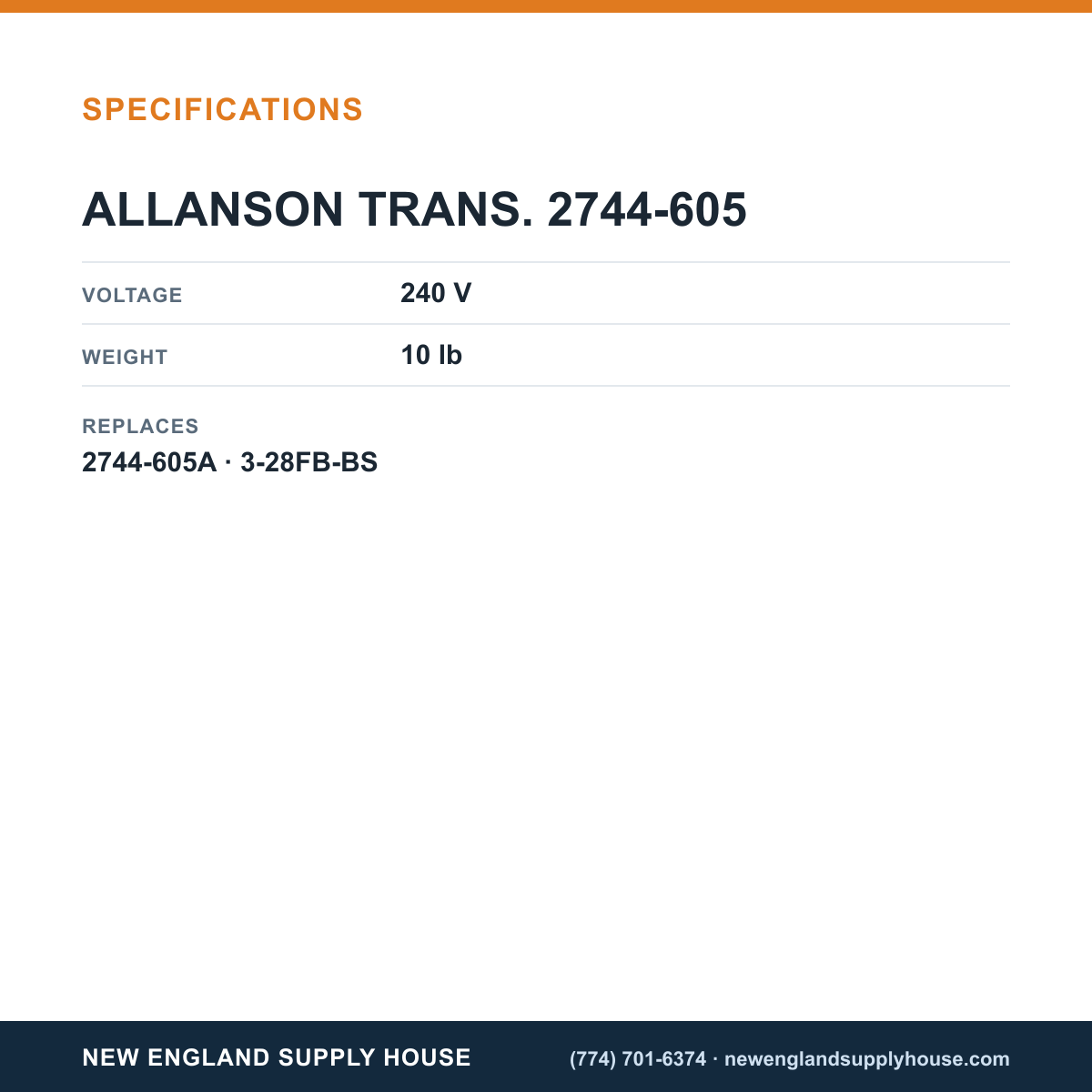 Allanson Transformers 2744-605 Ignition specifications — New England Supply House [NESH-SPECTABLE-V1]