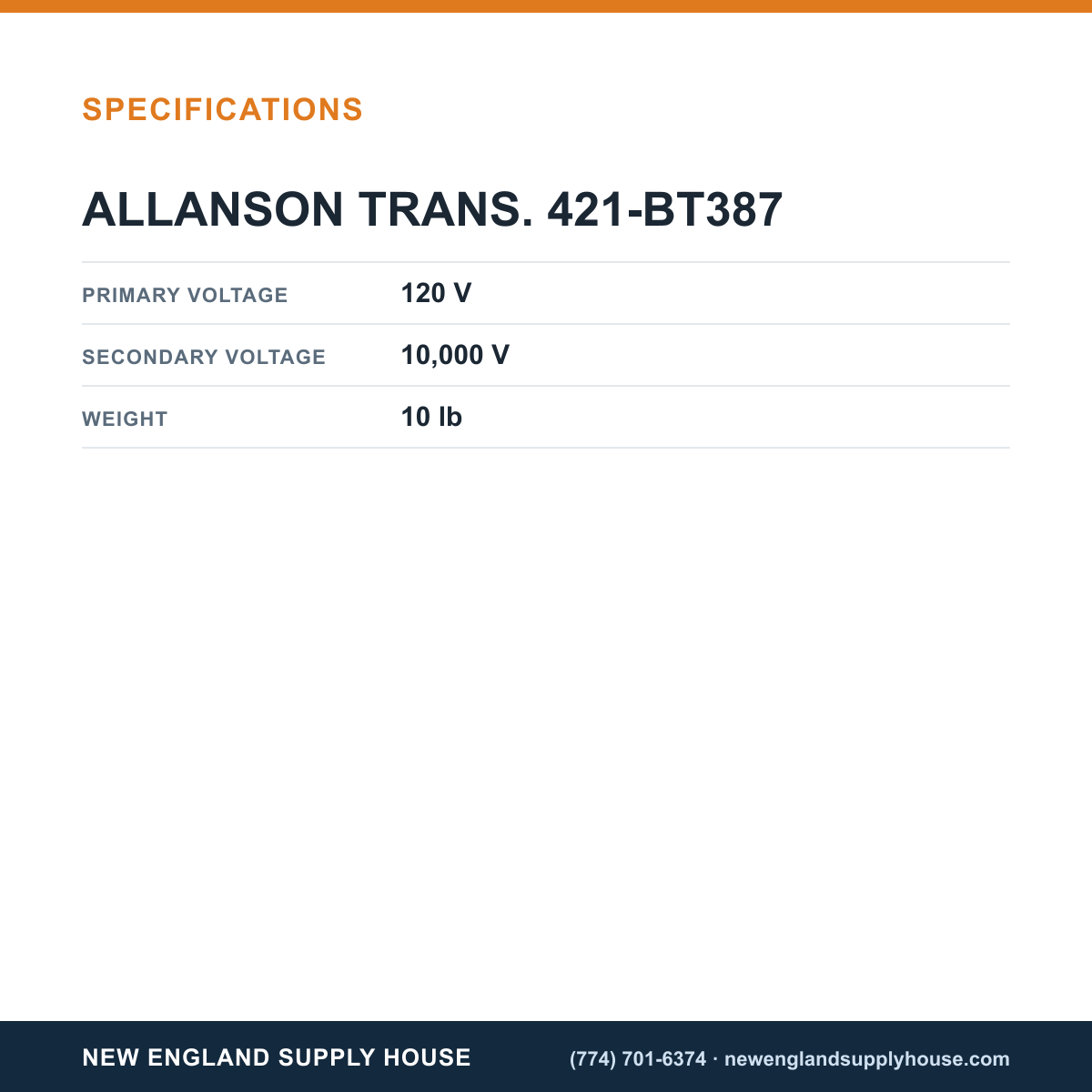 Allanson Transformers 421-BT387 Ignition specifications — New England Supply House [NESH-SPECTABLE-V1]