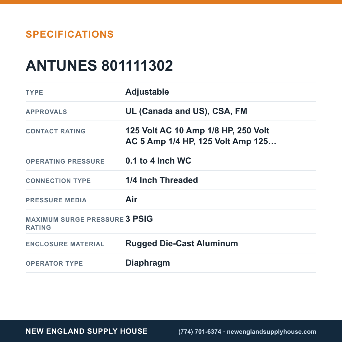 Antunes 801111302 Pressure Switch specifications — New England Supply House [NESH-SPECTABLE-V1]