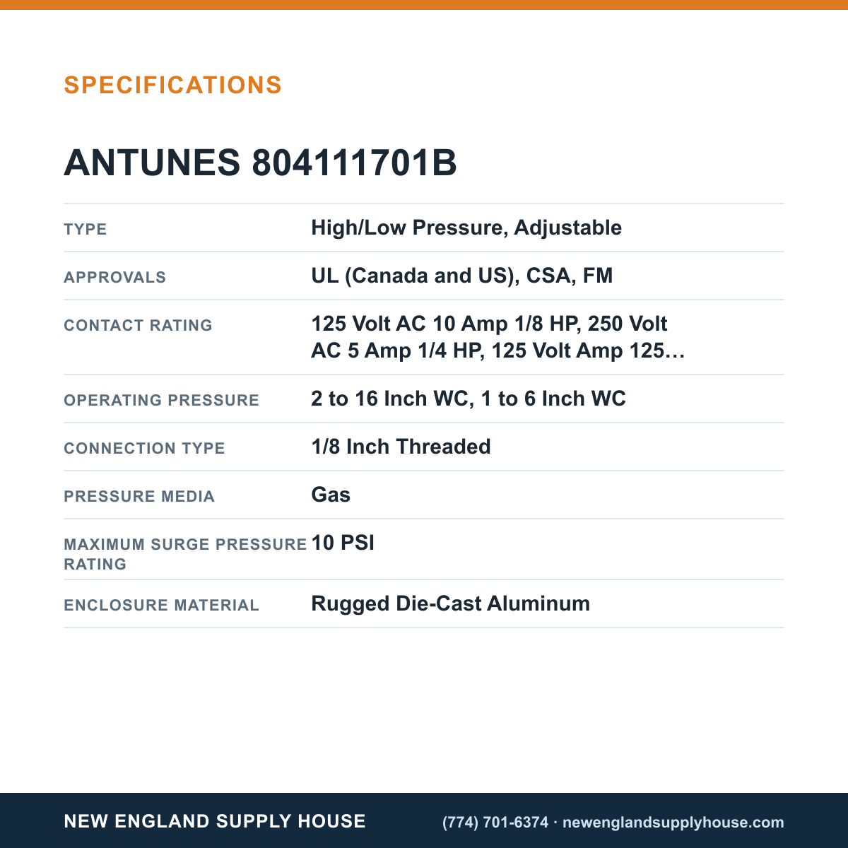 Antunes 804111701B Pressure Switch specifications — New England Supply House [NESH-SPECTABLE-V1]