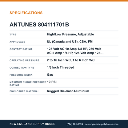 Antunes 804111701B Pressure Switch specifications — New England Supply House [NESH-SPECTABLE-V1]