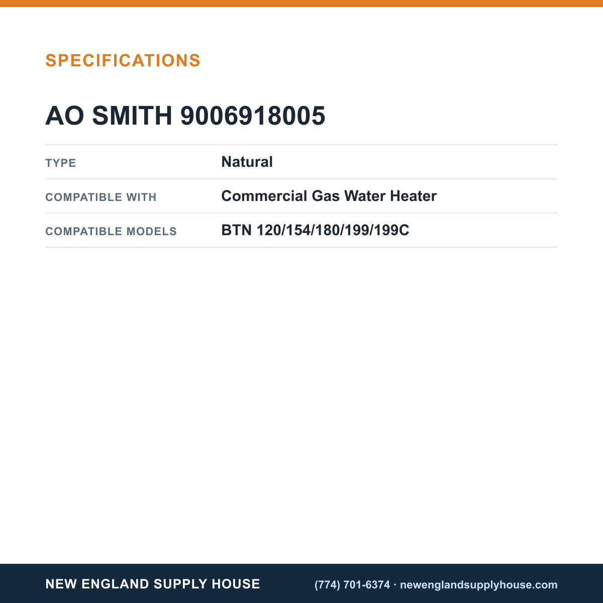AO Smith 9006918005 Water Heater Gas Valve Kit specifications — New England Supply House [NESH-SPECTABLE-V1]