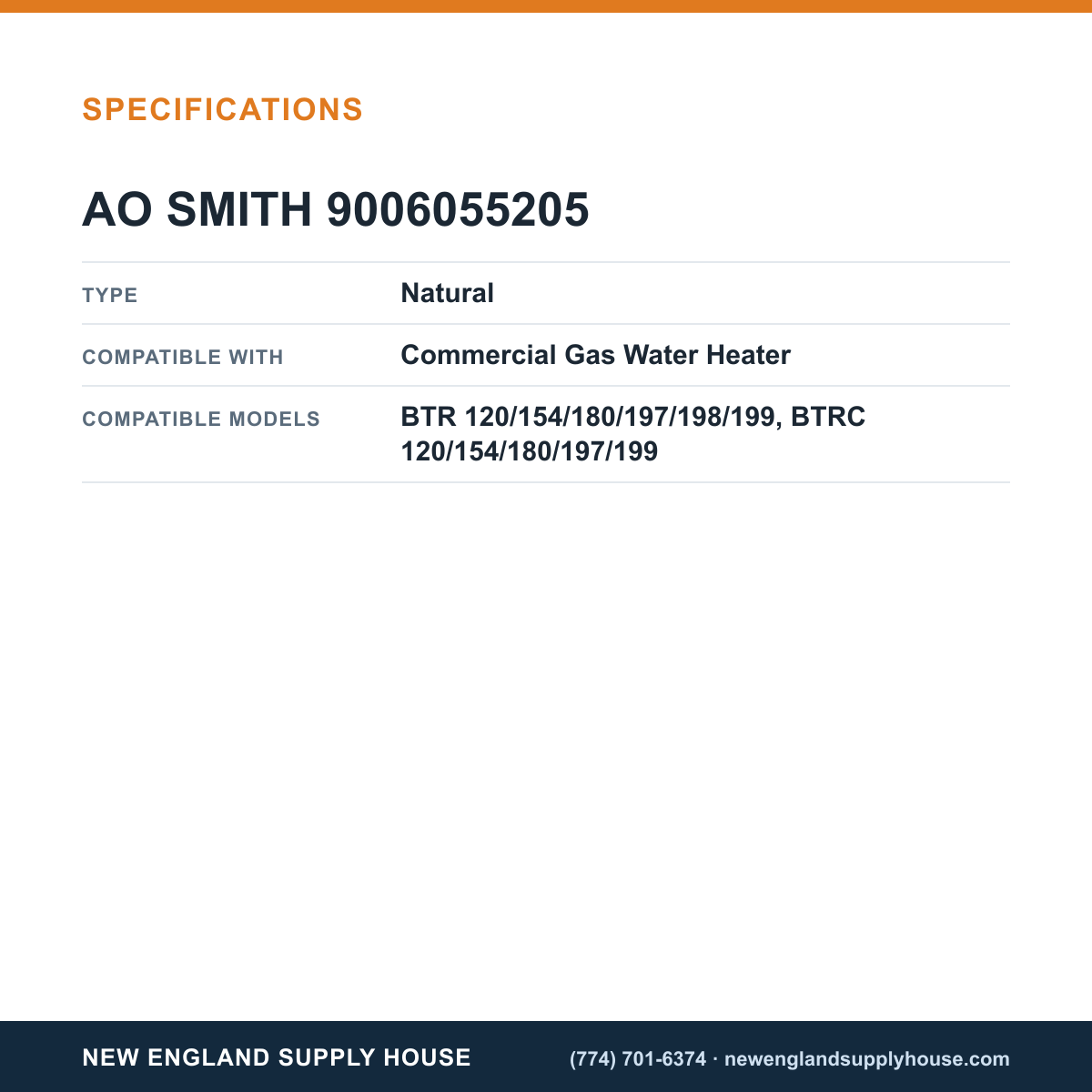 AO Smith 9006055205 Water Heater Gas Valve Kit specifications — New England Supply House [NESH-SPECTABLE-V1]