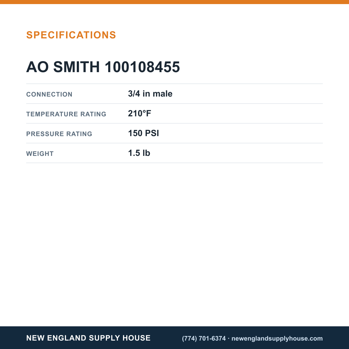 AO Smith 100108455 Temperature and Pressure Relief Valve specifications — New England Supply House [NESH-SPECTABLE-V1]