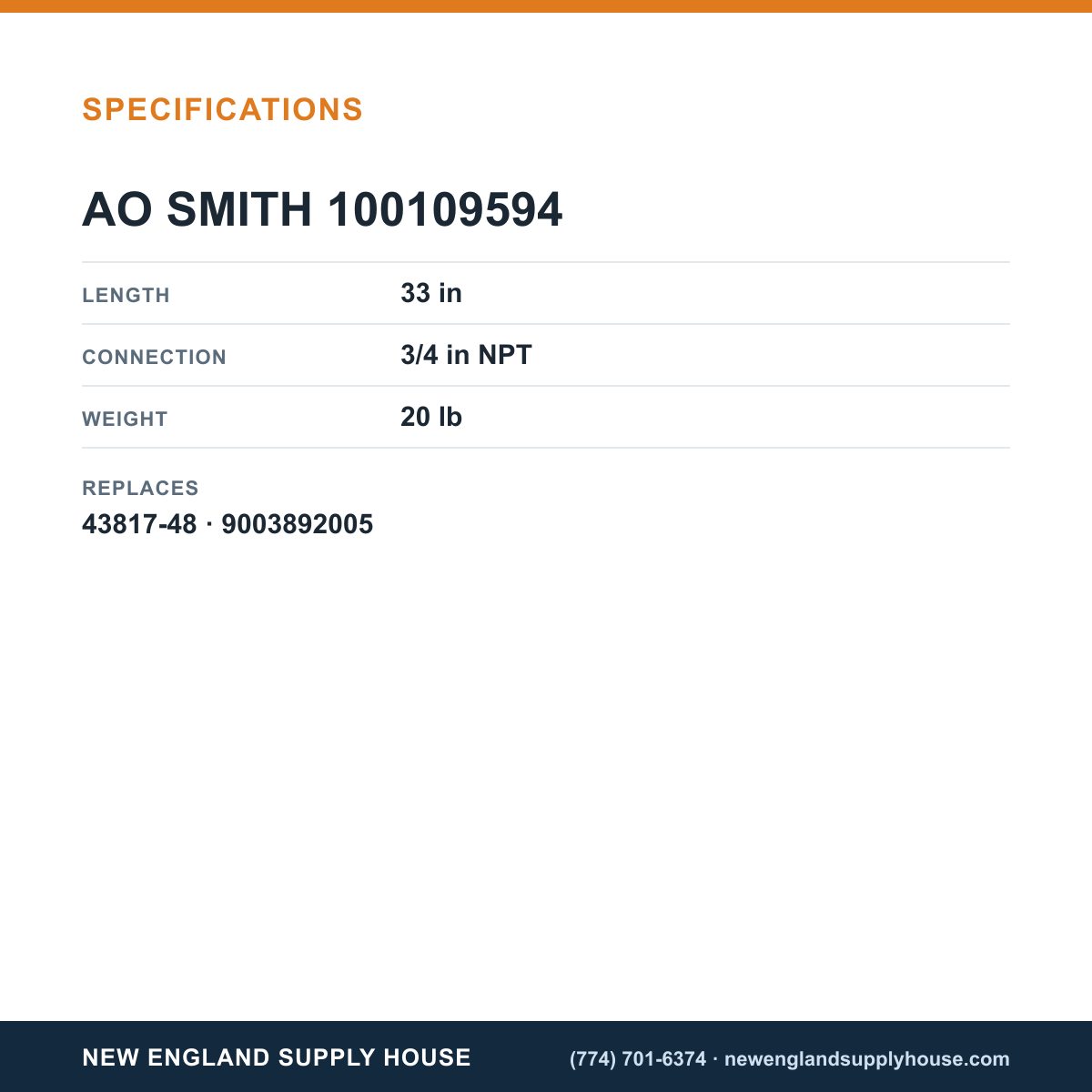 AO Smith 100109594 Anode Rod specifications — New England Supply House [NESH-SPECTABLE-V1]