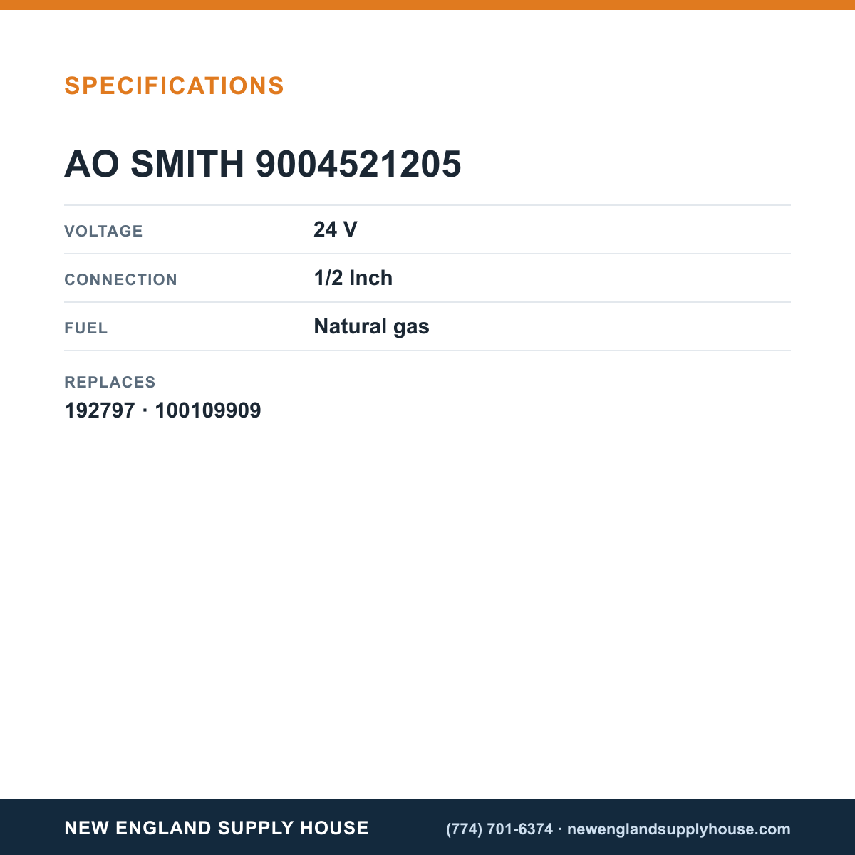 AO Smith 9004521205 Gas Valve specifications — New England Supply House [NESH-SPECTABLE-V1]