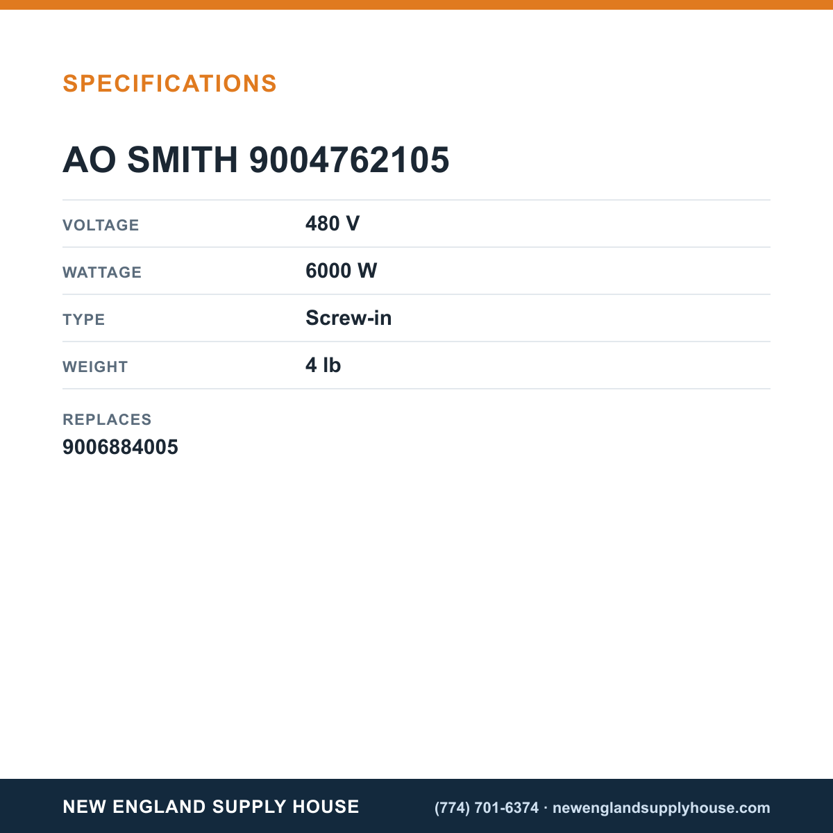 AO Smith 9004762105 Heating Element specifications — New England Supply House [NESH-SPECTABLE-V1]
