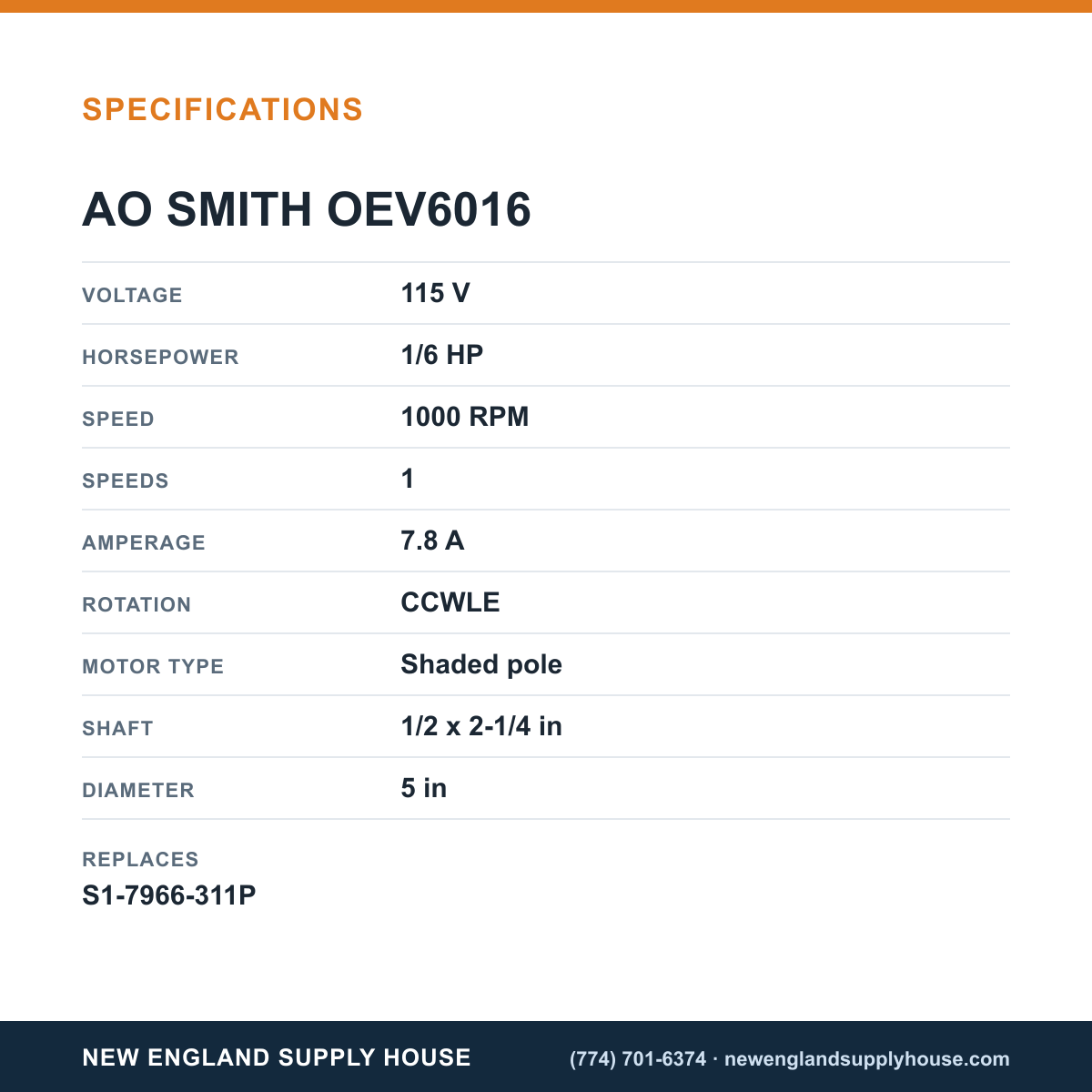 AO Smith OEV6016 Blower Motor specifications — New England Supply House [NESH-SPECTABLE-V1]