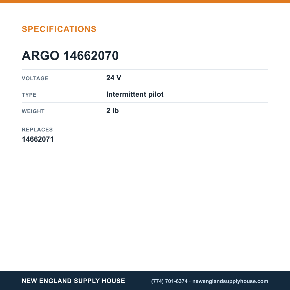Argo 14662070 Ignition Control Module specifications — New England Supply House [NESH-SPECTABLE-V1]
