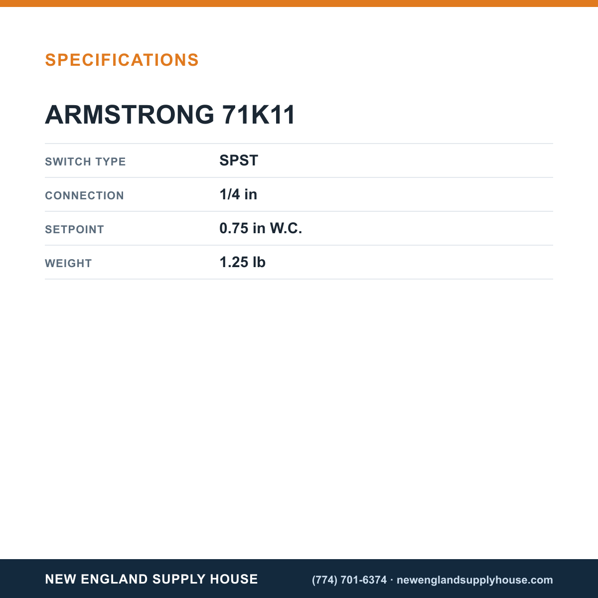 Armstrong 71K11 Pressure Switch specifications — New England Supply House [NESH-SPECTABLE-V1]