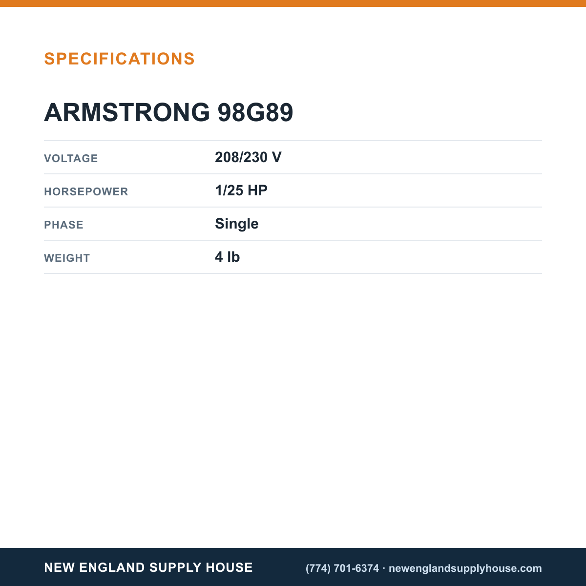 Armstrong 98G89 Draft Inducer Motor specifications — New England Supply House [NESH-SPECTABLE-V1]