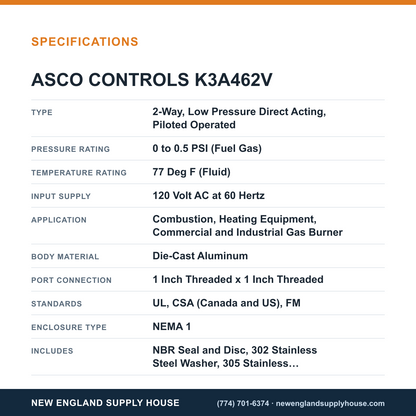 ASCO K3A462V Gas Shut-Off Valve specifications — New England Supply House [NESH-SPECTABLE-V1]