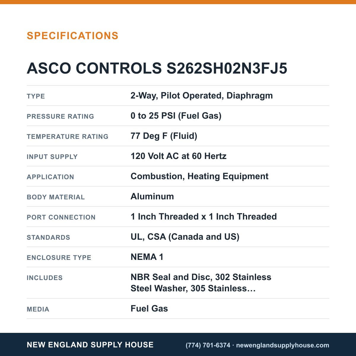 ASCO S262SH02N3FJ5 Gas Vent Valve specifications — New England Supply House [NESH-SPECTABLE-V1]