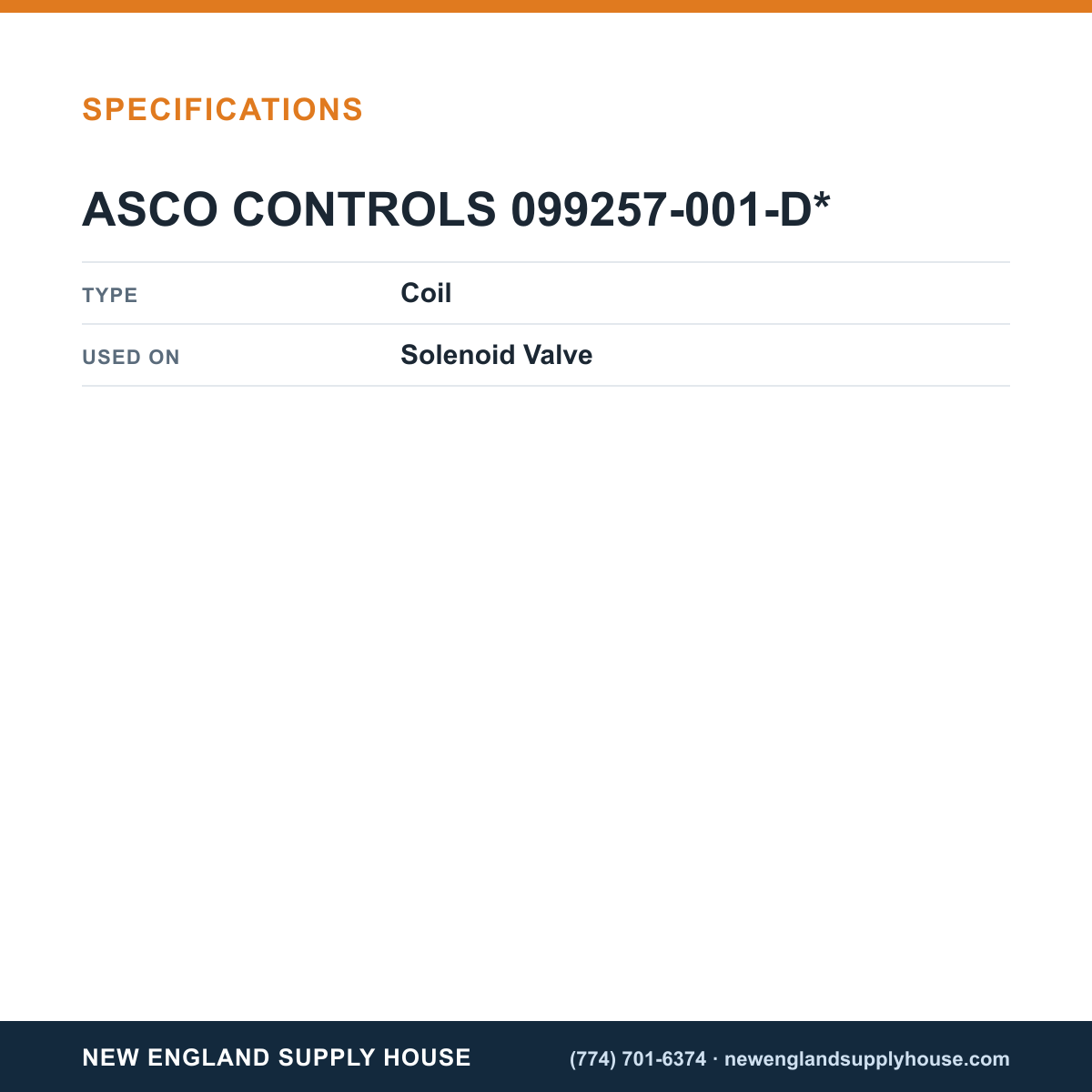 ASCO 099257-001-D* Solenoid Valve Coil specifications — New England Supply House [NESH-SPECTABLE-V1]