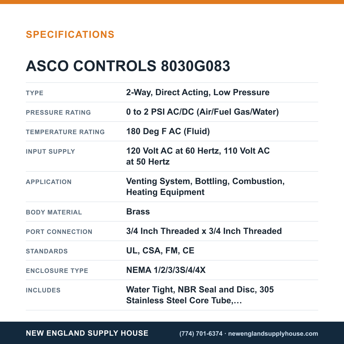 ASCO 8030G083 Solenoid Valve specifications — New England Supply House [NESH-SPECTABLE-V1]