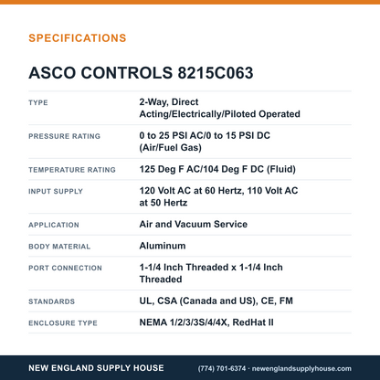 ASCO 8215C063 Solenoid Valve specifications — New England Supply House [NESH-SPECTABLE-V1]