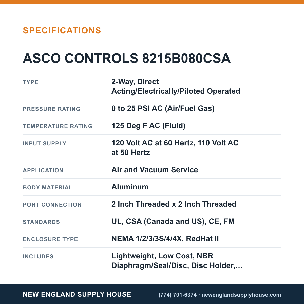 ASCO 8215B080CSA Solenoid Valve specifications — New England Supply House [NESH-SPECTABLE-V1]