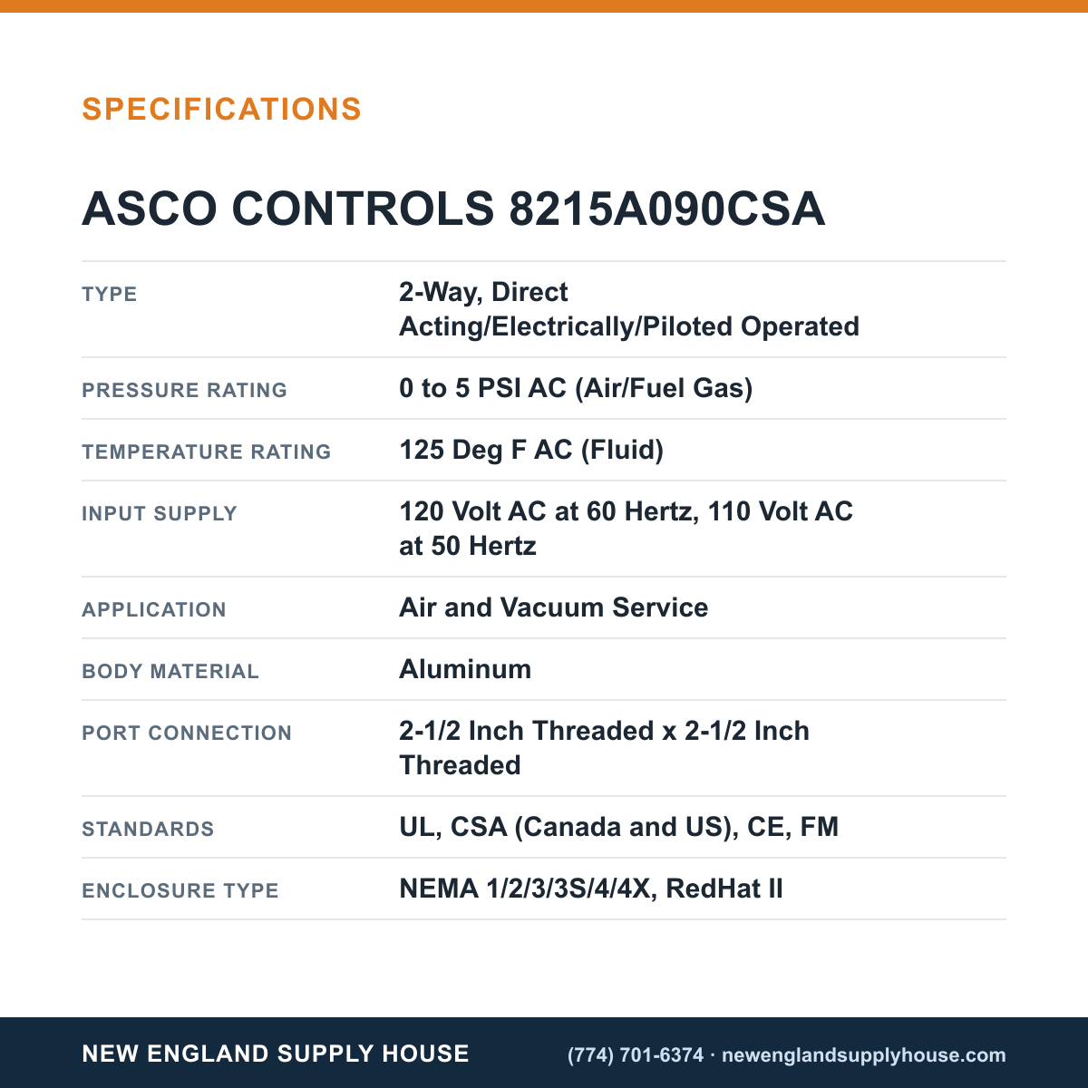 ASCO 8215A090CSA Solenoid Valve specifications — New England Supply House [NESH-SPECTABLE-V1]