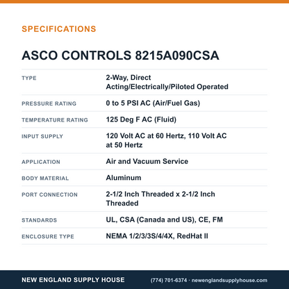 ASCO 8215A090CSA Solenoid Valve specifications — New England Supply House [NESH-SPECTABLE-V1]