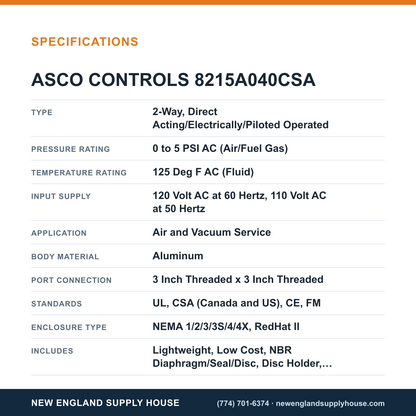 ASCO 8215A040CSA Solenoid Valve specifications — New England Supply House [NESH-SPECTABLE-V1]