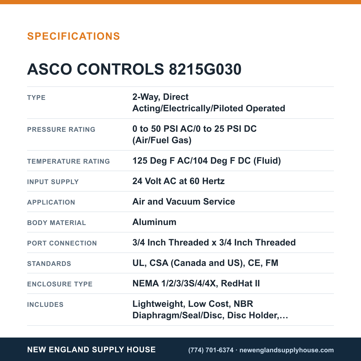 ASCO 8215G030 Solenoid Valve specifications — New England Supply House [NESH-SPECTABLE-V1]