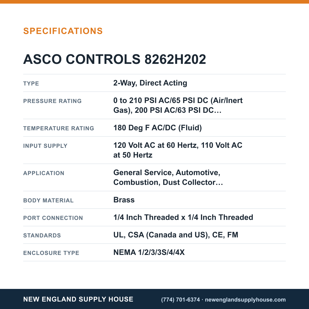 ASCO 8262H202 Solenoid Valve specifications — New England Supply House [NESH-SPECTABLE-V1]