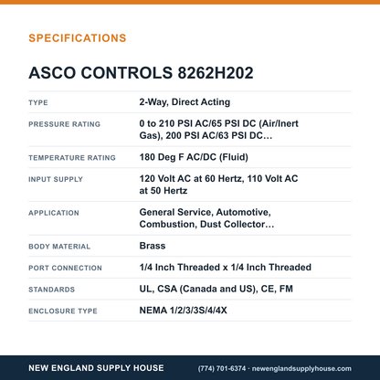 ASCO 8262H202 Solenoid Valve specifications — New England Supply House [NESH-SPECTABLE-V1]