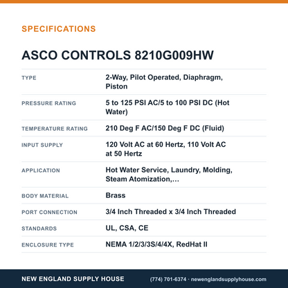 ASCO 8210G009HW Solenoid Valve specifications — New England Supply House [NESH-SPECTABLE-V1]