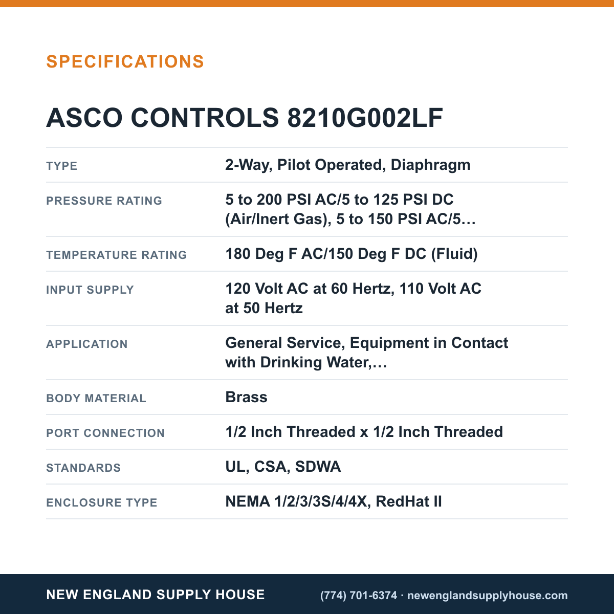 ASCO 8210G002LF Solenoid Valve specifications — New England Supply House [NESH-SPECTABLE-V1]