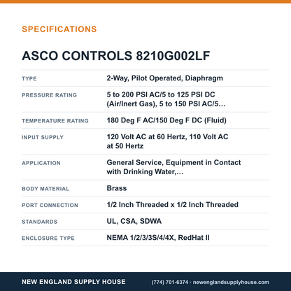 ASCO 8210G002LF Solenoid Valve specifications — New England Supply House [NESH-SPECTABLE-V1]