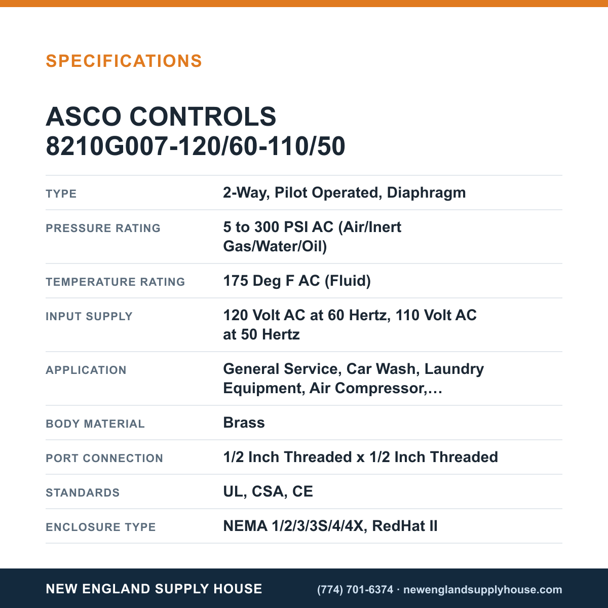 ASCO 8210G007-120/60-110/50 Solenoid Valve specifications — New England Supply House [NESH-SPECTABLE-V1]