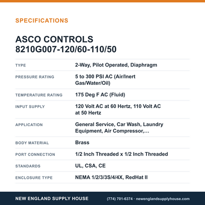 ASCO 8210G007-120/60-110/50 Solenoid Valve specifications — New England Supply House [NESH-SPECTABLE-V1]