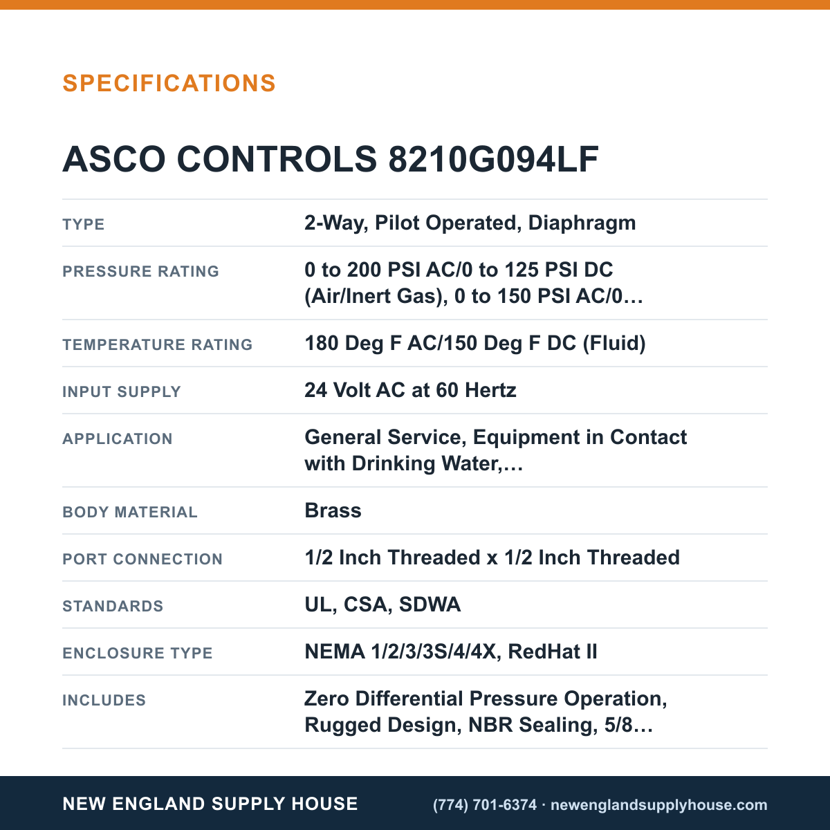 ASCO 8210G094LF Solenoid Valve specifications — New England Supply House [NESH-SPECTABLE-V1]