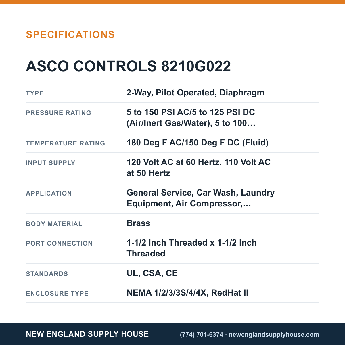 ASCO 8210G022 Solenoid Valve specifications — New England Supply House [NESH-SPECTABLE-V1]