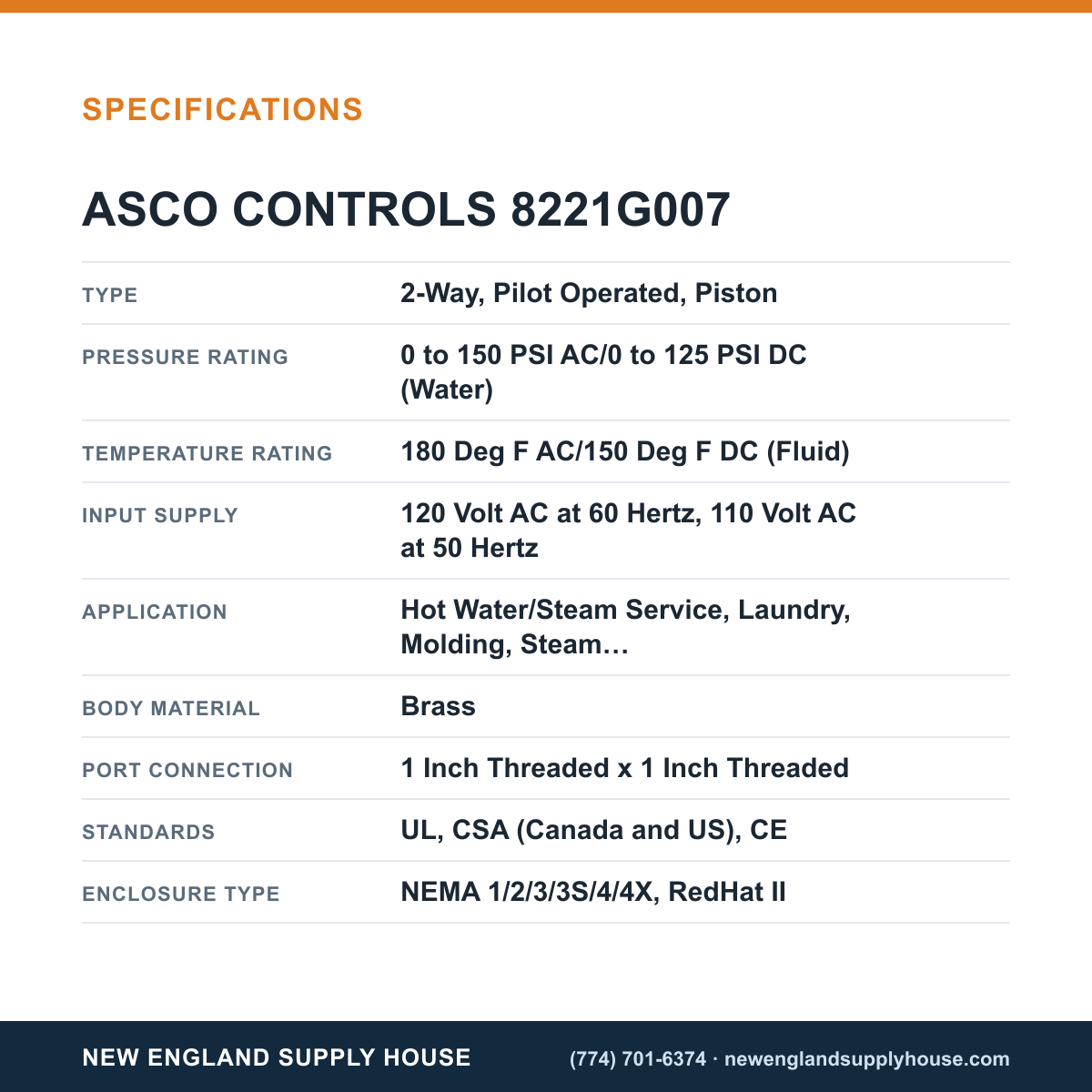 ASCO 8221G007 Solenoid Valve specifications — New England Supply House [NESH-SPECTABLE-V1]