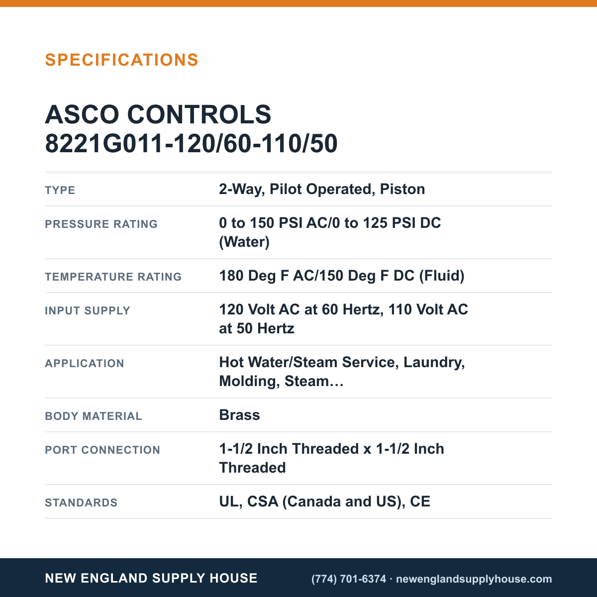 ASCO 8221G011-120/60-110/50 Solenoid Valve specifications — New England Supply House [NESH-SPECTABLE-V1]