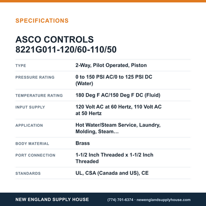 ASCO 8221G011-120/60-110/50 Solenoid Valve specifications — New England Supply House [NESH-SPECTABLE-V1]