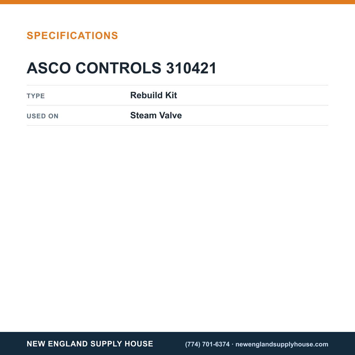 ASCO 310421 Steam Valve Rebuild Kit specifications — New England Supply House [NESH-SPECTABLE-V1]