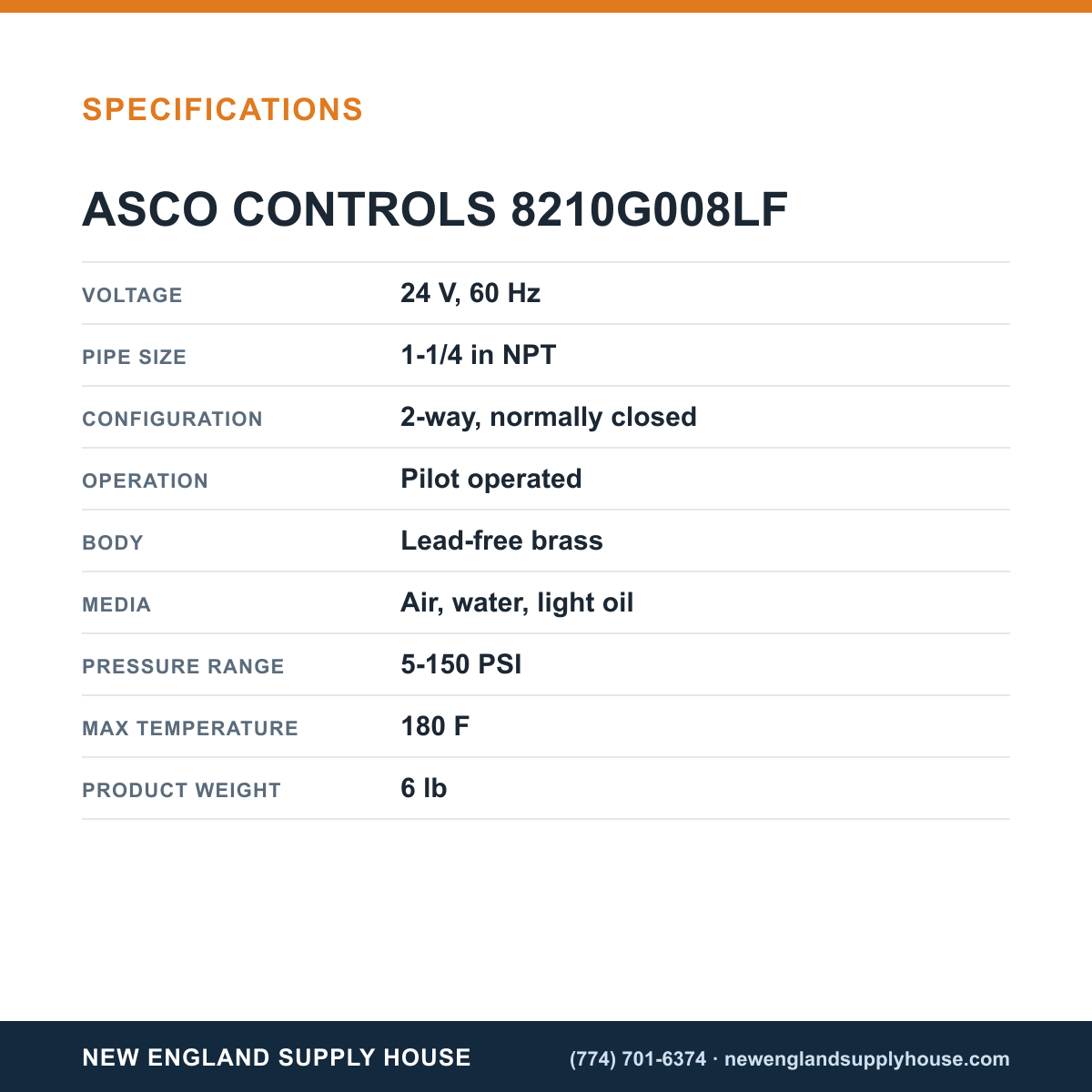 ASCO 8210G008LF Solenoid Valve specifications — New England Supply House [NESH-SPECTABLE-V1]
