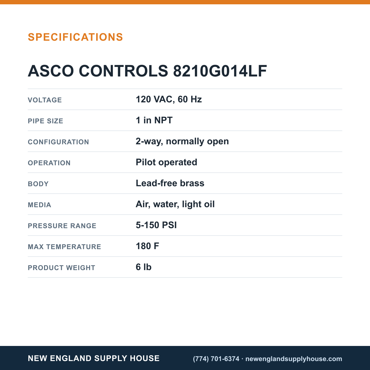 ASCO 8210G014LF Solenoid Valve specifications — New England Supply House [NESH-SPECTABLE-V1]