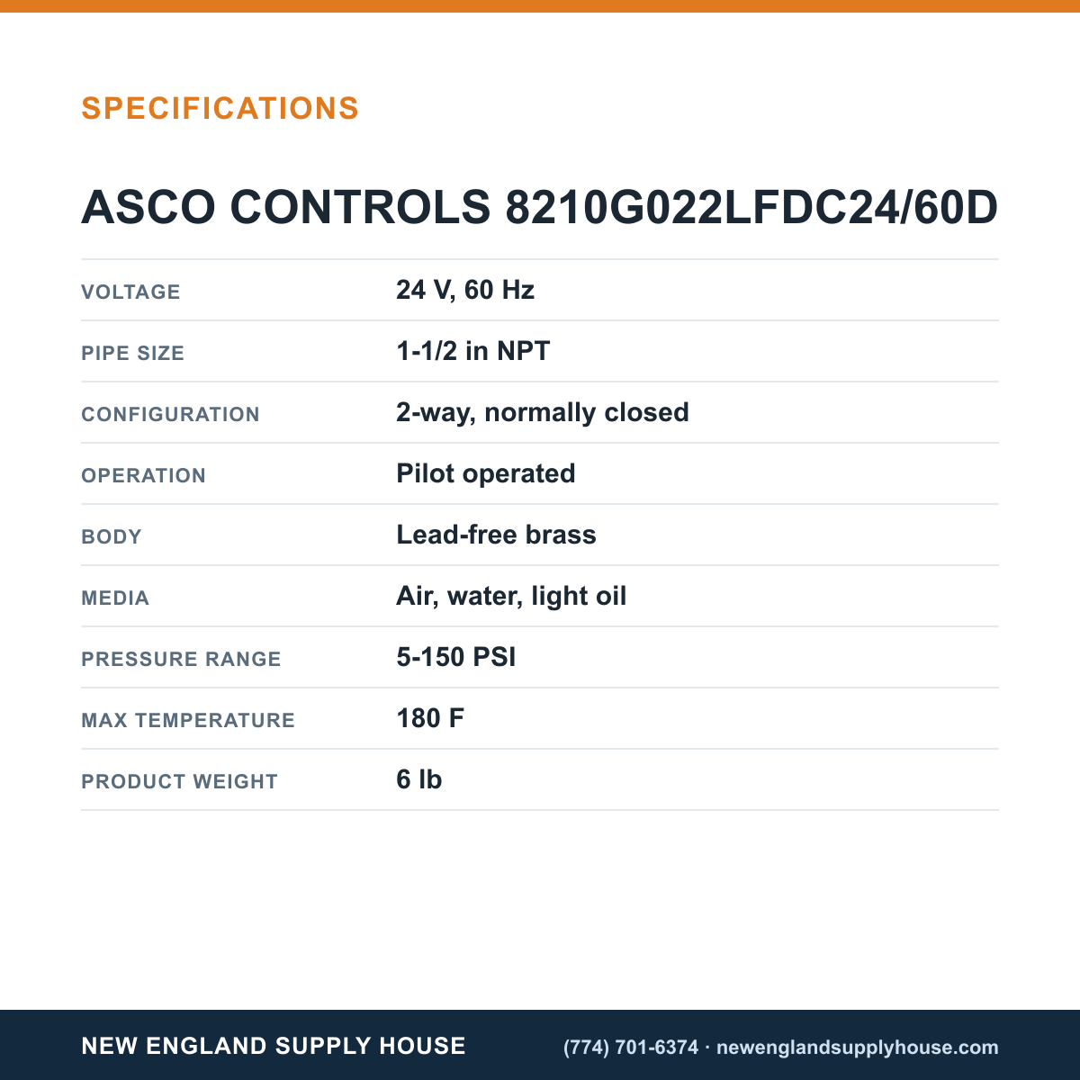 ASCO 8210G022LFDC24/60D Solenoid Valve specifications — New England Supply House [NESH-SPECTABLE-V1]