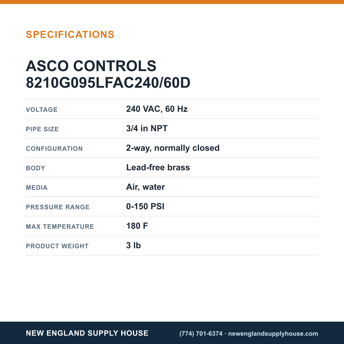 ASCO 8210G095LFAC240/60D Solenoid Valve specifications — New England Supply House [NESH-SPECTABLE-V1]
