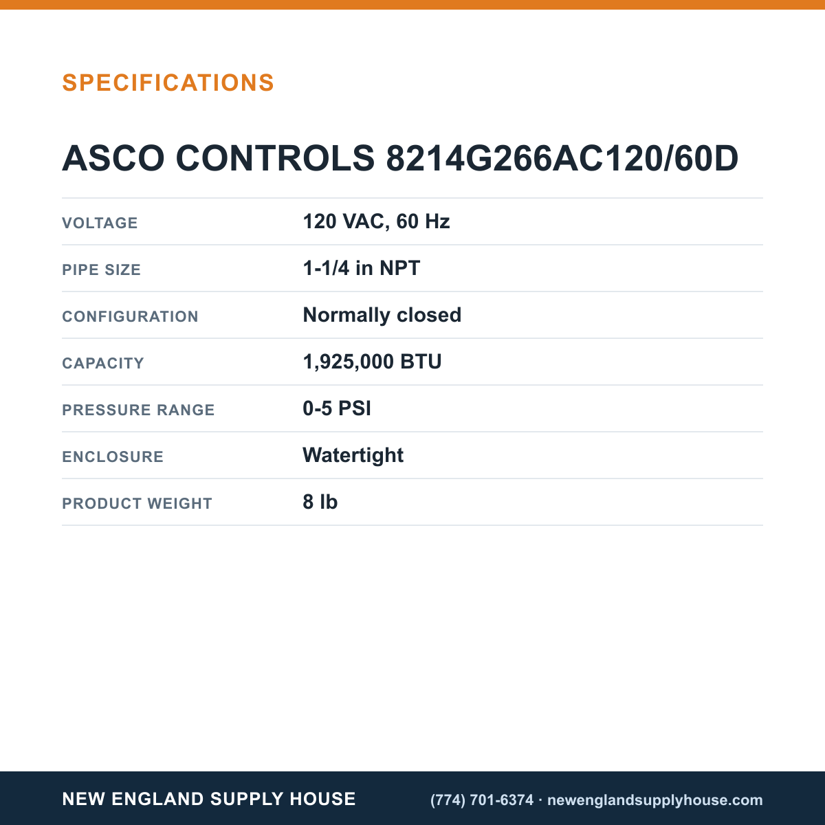 ASCO 8214G266AC120/60D Gas Solenoid Valve specifications — New England Supply House [NESH-SPECTABLE-V1]