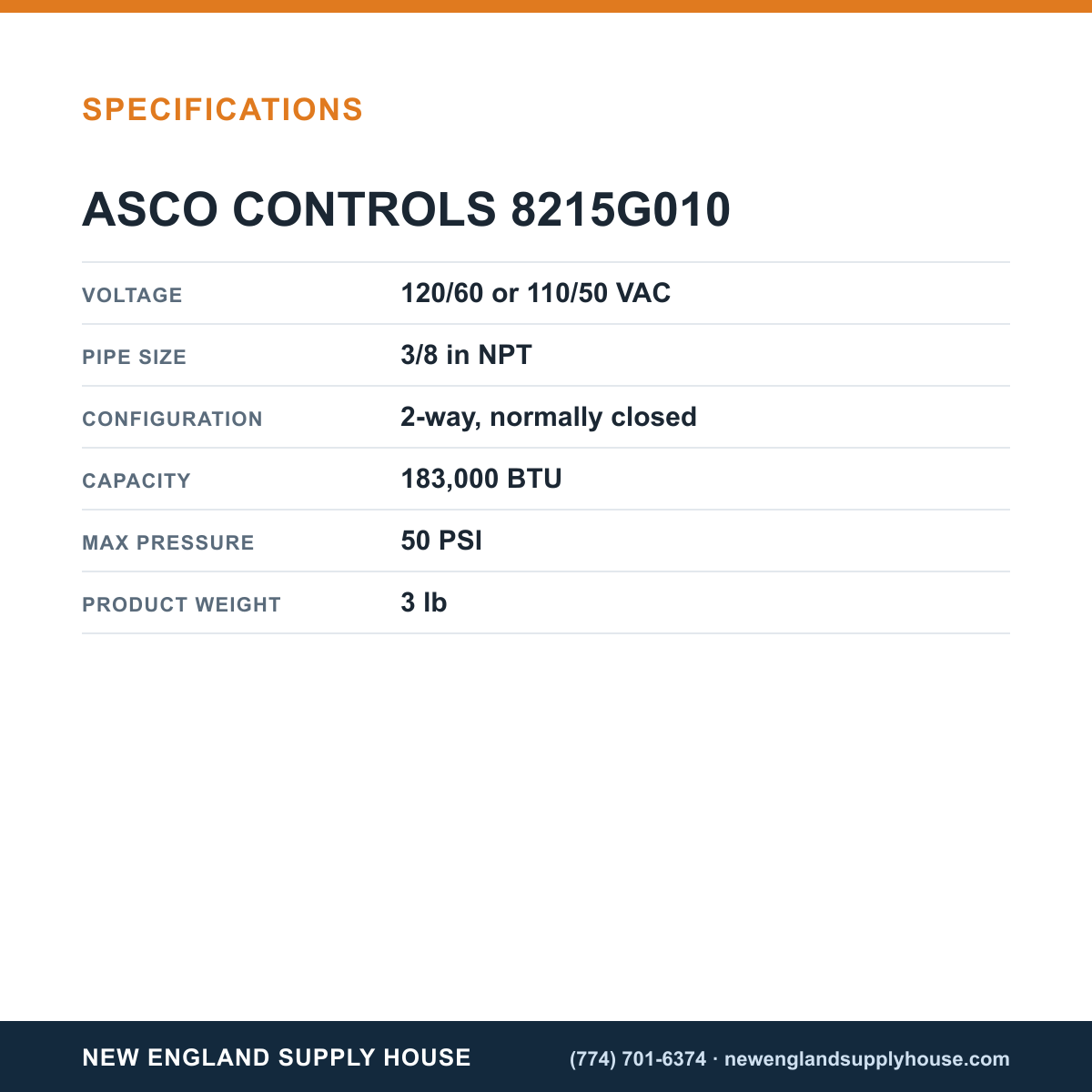 ASCO 8215G010 Gas Solenoid Valve specifications — New England Supply House [NESH-SPECTABLE-V1]