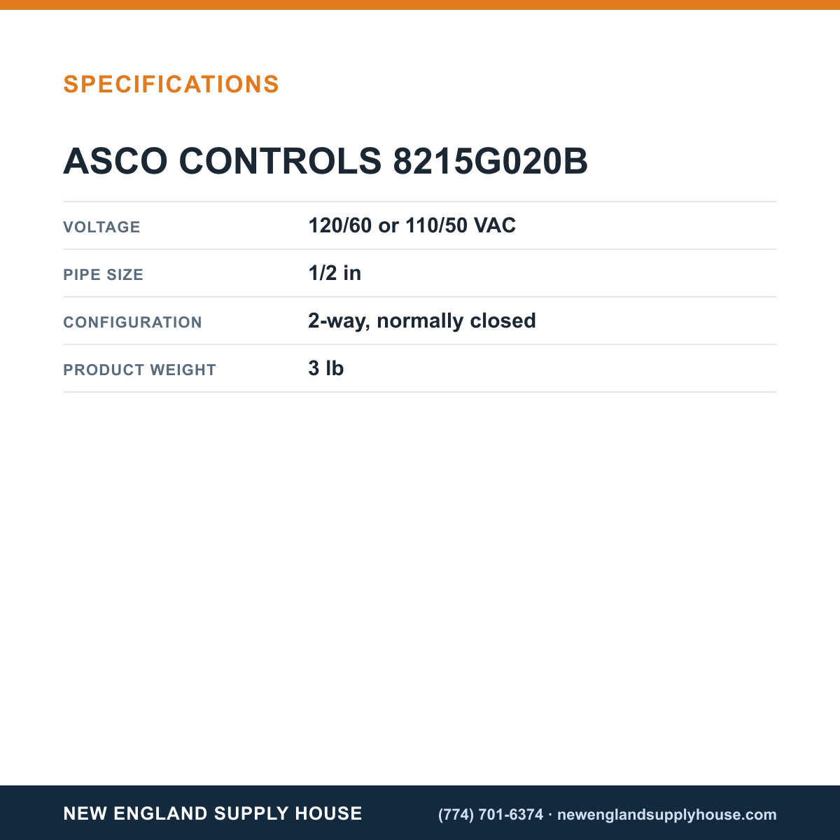 ASCO 8215G020B Solenoid Valve specifications — New England Supply House [NESH-SPECTABLE-V1]