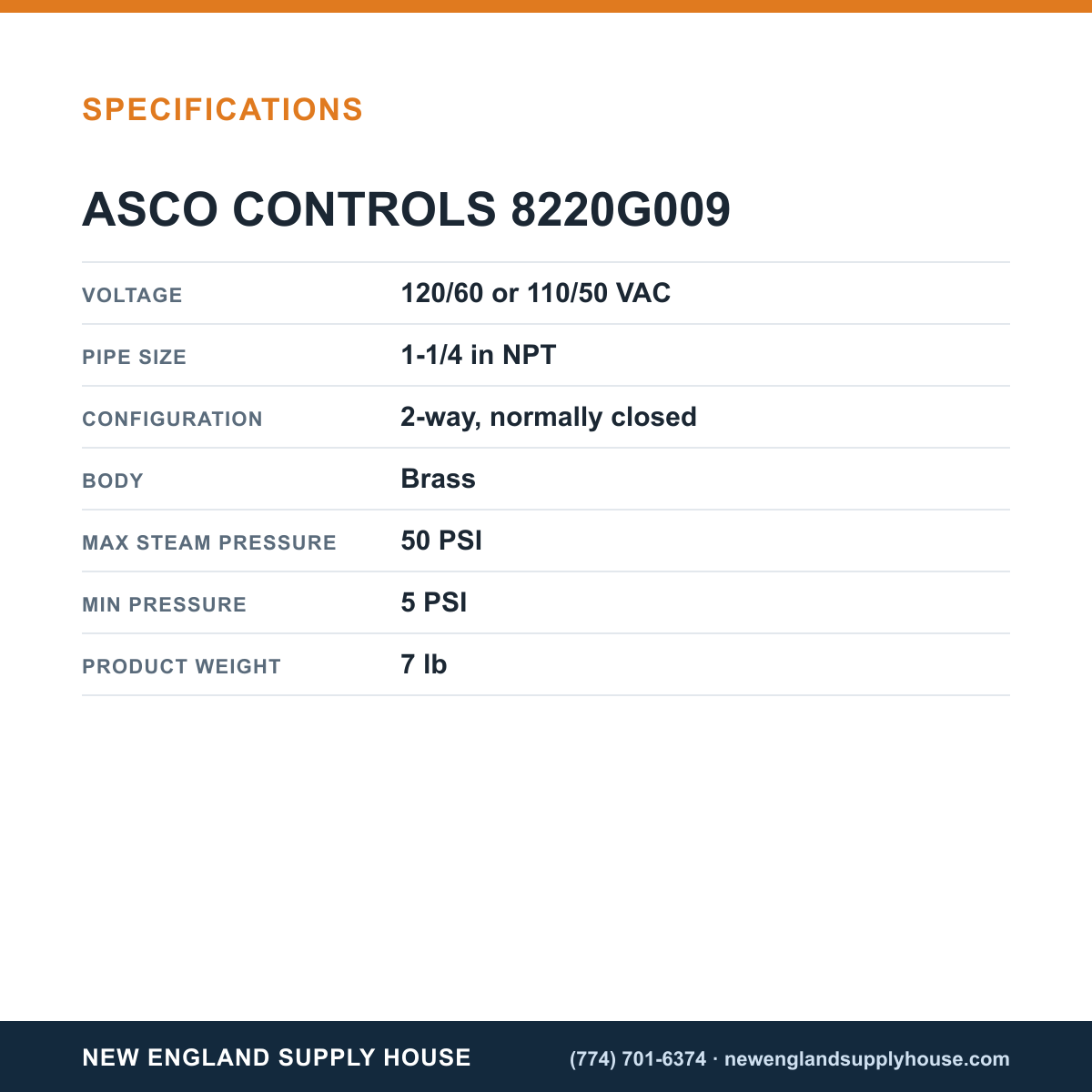 ASCO 8220G009 Solenoid Valve specifications — New England Supply House [NESH-SPECTABLE-V1]